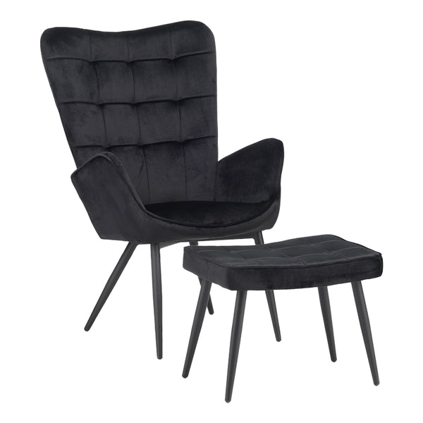 Fotoliu cu taburet Dorita catifea, neagra, 68x76x103 cm