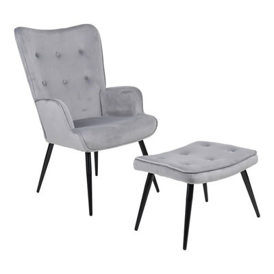 Fotoliu cu taburet Siella, catifea gri, picioare metal negru, 59x67x94 cm