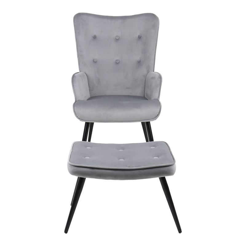 Fotoliu cu taburet Siella, catifea gri, picioare metal, negru, 59x67x94 cm, perspectiva suplimentara