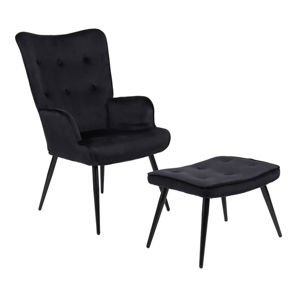 Fotoliu cu taburet Siella, Catifea, metal, Negru, 59x67x94 cm