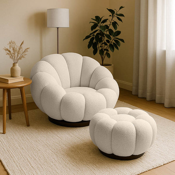 Fotoliu rotativ cu taburet Nester boucle, bej, 98x97x69 cm