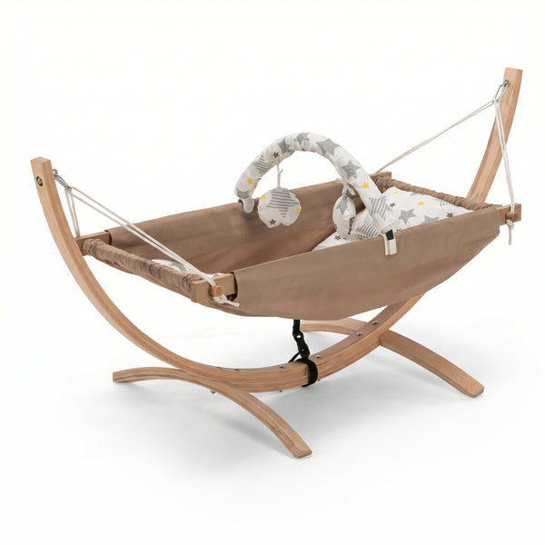 Hamac pentru copii cu suport Bliss, Maro - Albastru inchis, 66x62x147 cm