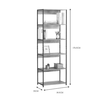 Kaliano stejar-negru metal Bibliotecă 59.5x35x176.5cm, 59.5x35x176.5 cm, Negru-Stejar, detaliu finisaj, MDF, PAL melaminat, metal, pentru living