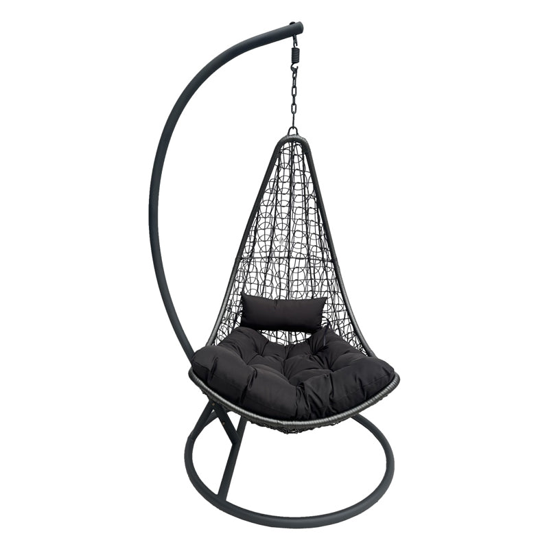 Leagăn tip cuib cu bază Soleil, metal negru, ratan natural, pernă, neagră, 120x95x195 cm