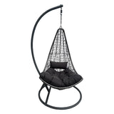 Leagăn tip cuib cu bază Soleil, metal negru, ratan natural, pernă, neagră, 120x95x195 cm
