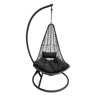 Balansoar Gradina Leagăn tip cuib cu bază Soleil, metal negru, ratan natural, pernă neagră, 120x95x195 cm