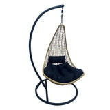 Leagăn tip cuib pe bază Soleil, Metal Negru - Ratan Natural, Pernă, Neagră, 120x95x195 cm - Negru