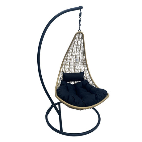 Leagăn tip cuib pe bază Soleil, Metal Negru - Ratan Natural, Pernă, Neagră, 120x95x195 cm