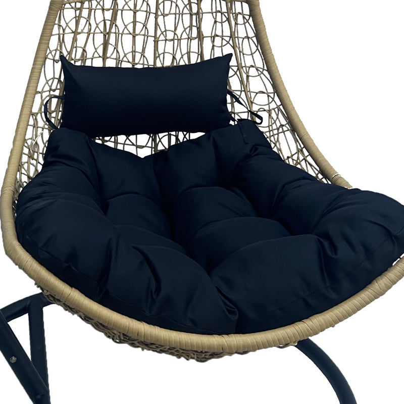 Leagăn tip cuib pe bază Soleil, Metal Negru - Ratan Natural, Pernă, Neagră, 120x95x195 cm - Negru