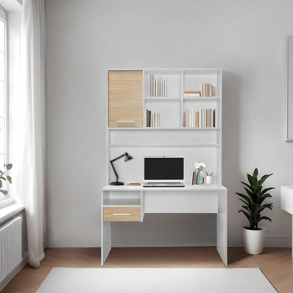 Birou Adore London cu biblioteca, Alb - Stejar, 120x196x60 cm