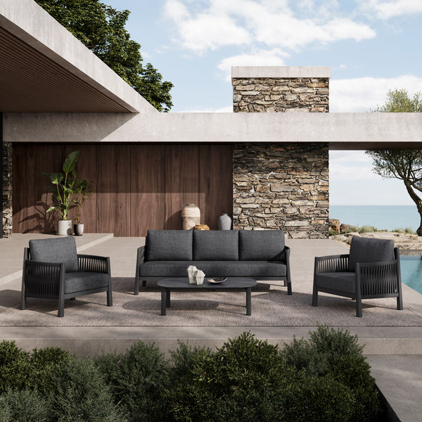 Lounge de exterior Feralda, cu funcție relaxare, aluminiu și sfoară gri deschis, compacte, 218x79x73 cm