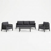 Lounge de exterior Feralda, cu funcție relaxare, aluminiu și sfoară gri deschis, compacte, vedere ambient pentru terasa, aluminiu, sfoara decorativa, perne textile, masuta inclusa, fotolii confortabile, canapea pentru terasa, mobilier pentru gradina si terasa