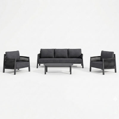 Lounge de exterior Feralda, cu funcție relaxare, aluminiu și sfoară gri deschis, compacte, vedere ambient pentru terasa, aluminiu, sfoara decorativa, perne textile, masuta inclusa, fotolii confortabile, canapea pentru terasa, mobilier pentru gradina si terasa