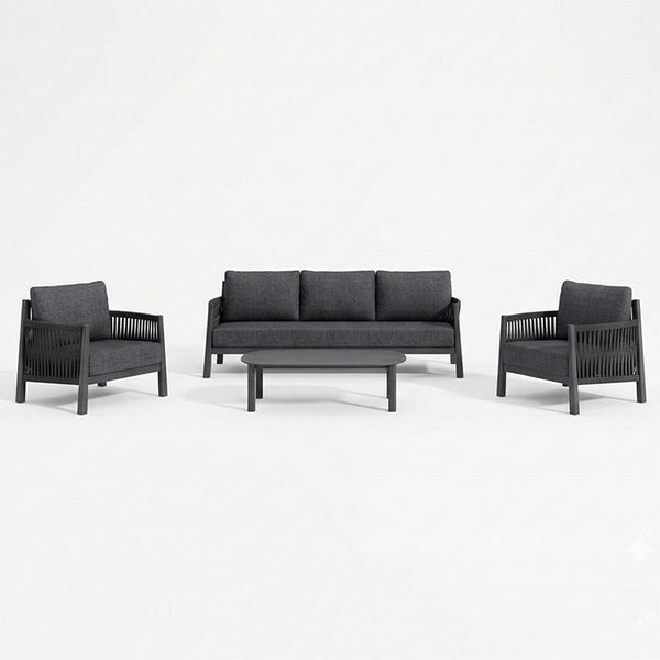 Lounge de exterior Feralda, cu funcție relaxare, aluminiu și sfoară gri deschis, compacte, 218x79x73 cm