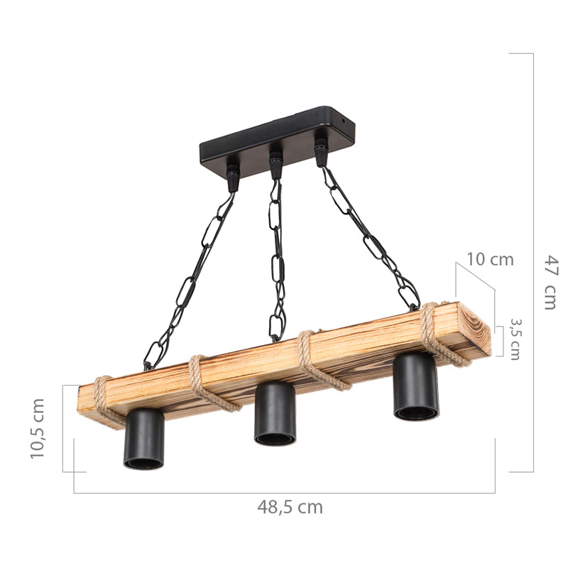Lustra cu trei lumini PWL-1027, E27, Natural-negru, 49x10x47 cm