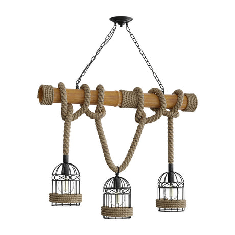 Lustră tavan cu elemente naturale, Woodie, Metal & Lemn & Frânghie, Natur, 80x20x80 cm