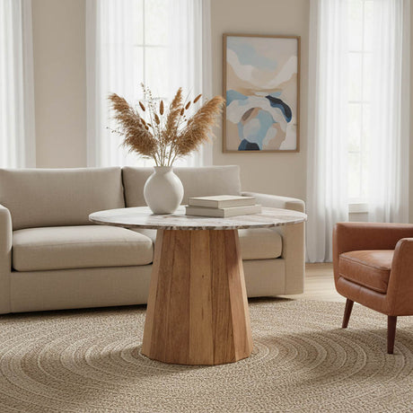 Masa cu blat de marmura Ezerdian, Lemn de Acacia, Natur, D150x76 cm