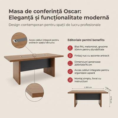 Masa de conferinta Oscar 5cm, nuc - antracit, 200x100x76 cm, detaliu produs