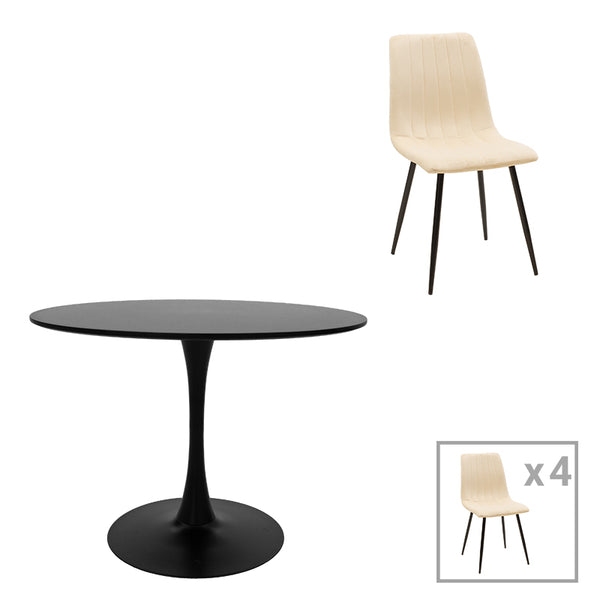 Masa de dining cu functie extensibila Balou-Noor, Set de 5 piese, Negru-Bej, 100x73 cm