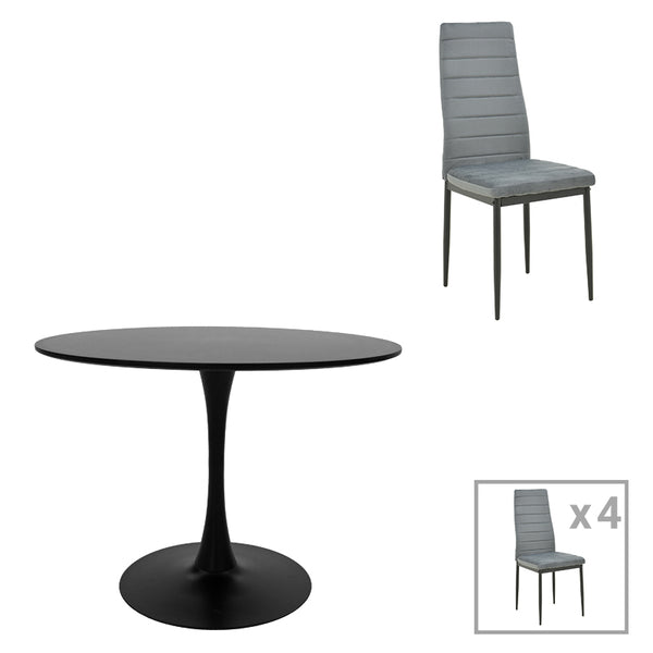 Masa de dining cu set de 5 piese, Balou-Parker, negru-gri, și metal, 100x73 cm