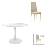 Masa de dining cu set de 5 piese Balou-Parker, și metal, Alb-Bej, 120x73 cm