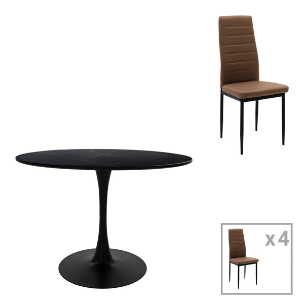 Masa de dining set 5 piese Balou-Parker, Negru-Maro, Lemn și metal, 120x73 cm
