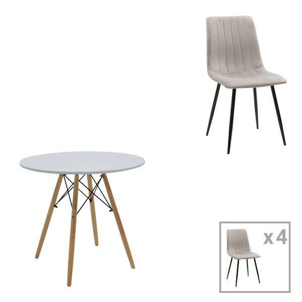Masa de dining set 5 piese Julita Noor, Lemn, Alb-Gri, D80x76 cm