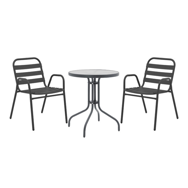 Masa de dining Watson-Sussie set de 3 piese din metal sticlat, antracit, D60x70 cm