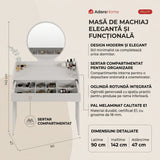 Masa de machiaj Adore cu sertar si oglinda, Alb - Bej, 90x142x47 cm