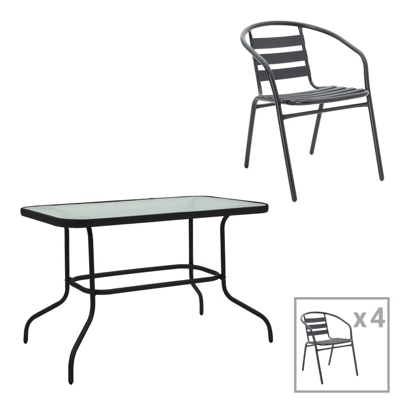 Masă de sufragerie cu funcție de dining Valor-Tade, Set 5 piese, Metal negru-Glas, 110x60x70 cm