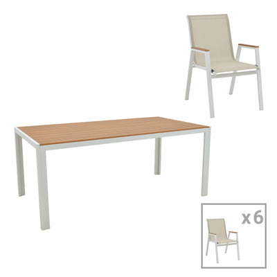 mobilier de gradina Masa de sufragerie Nares-Azelie B set de 7 alb aluminiu si placaj Natural 180x90x72 cm