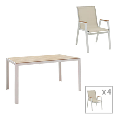mobilier de gradina Masa de sufragerie Nares-Azelie Un set de 5 alb aluminiu si placaj Natural 140x80x72 cm