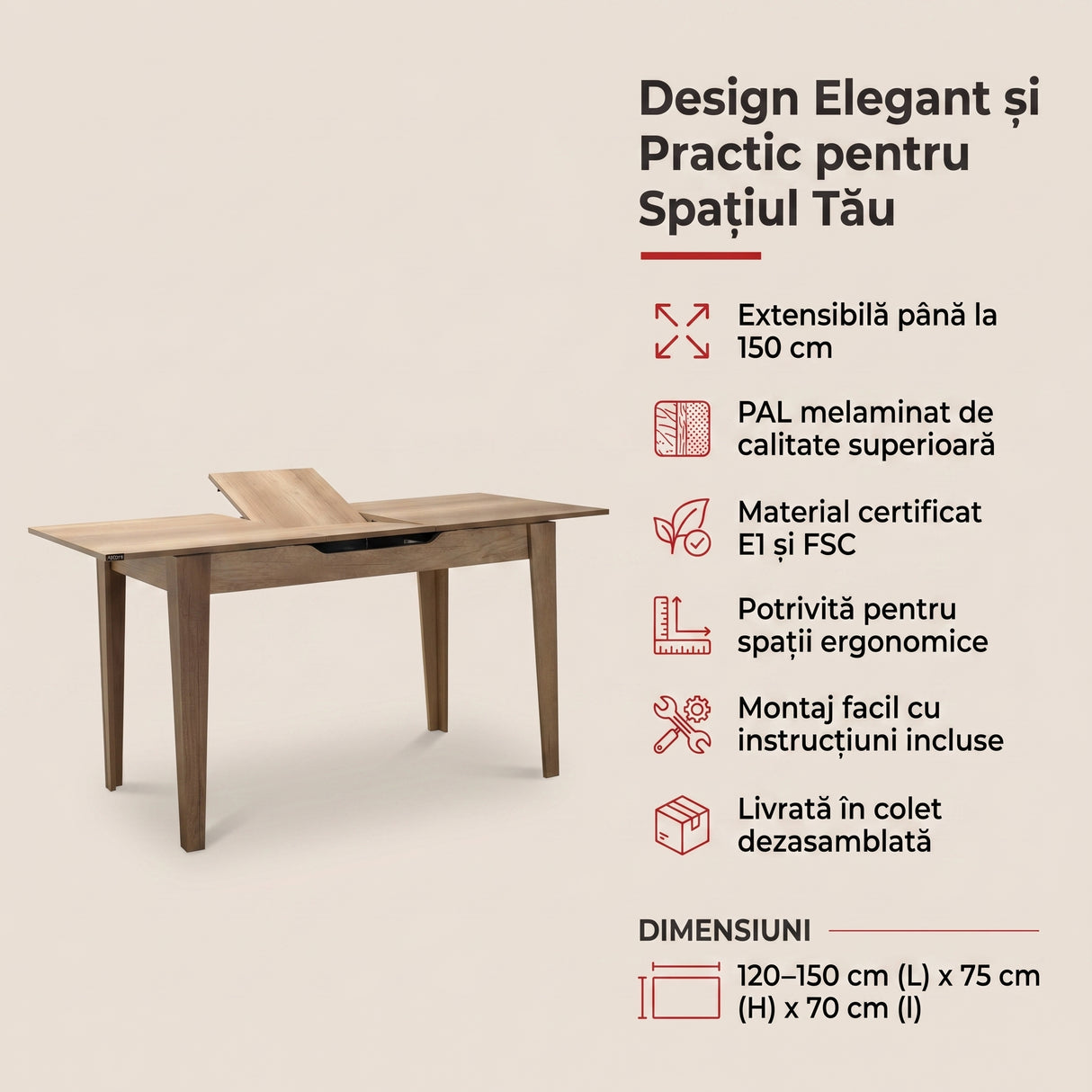 Masă Dining Adore, Design Modern, Extensibilă, 120–150 cm, 120x70x75 cm - Lemn Natural