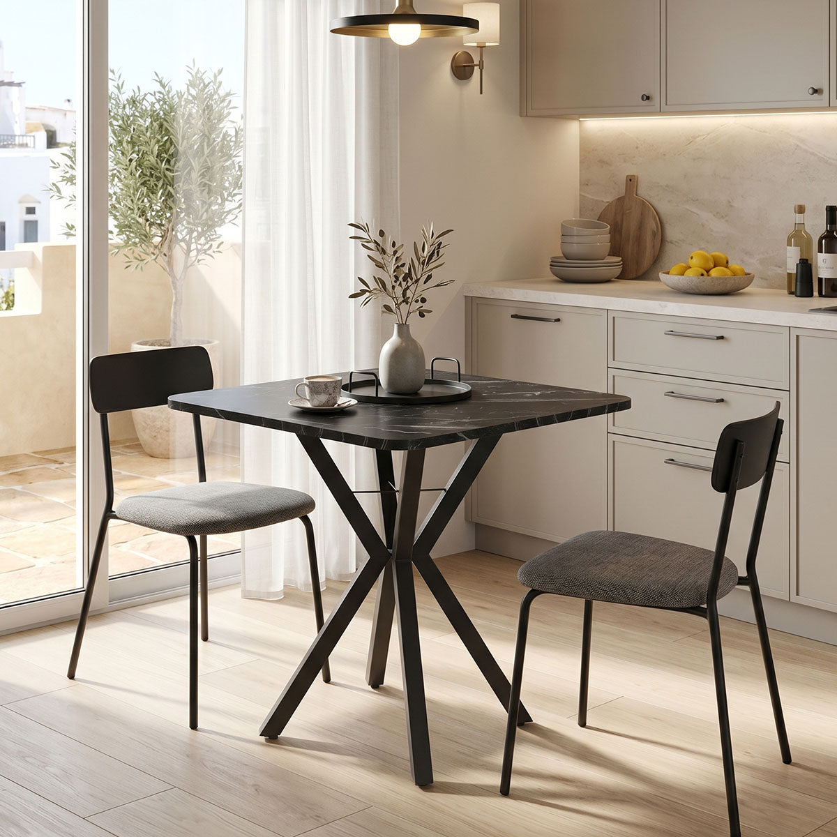 Masa dining Arenya, Metal, 70x70x72 cm - Negru-Marmura