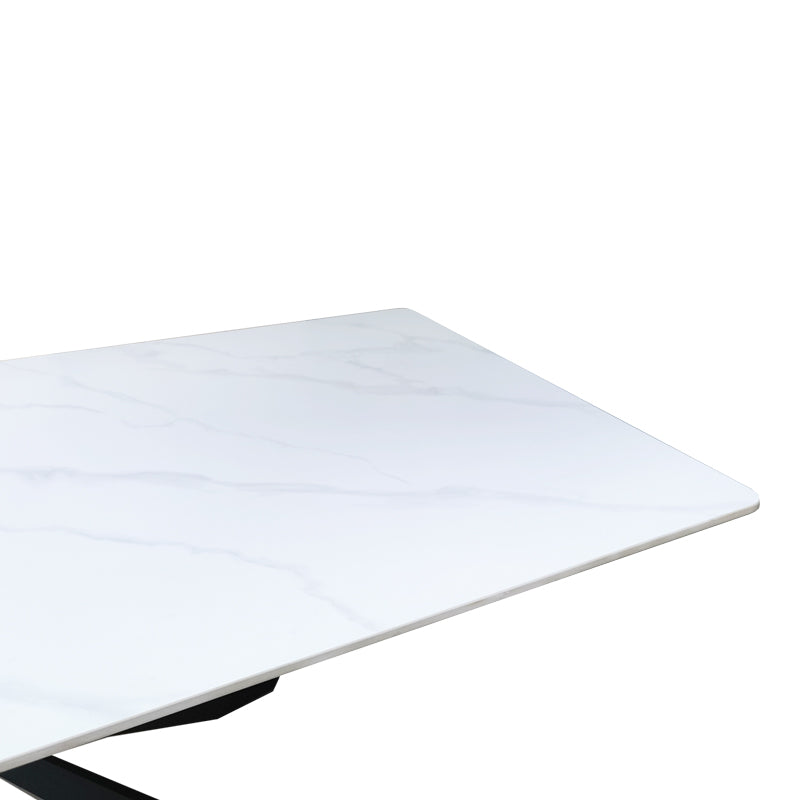 Masa dining cu blat din piatra sinterizata model Mattias, structura metalica, neagra, 180x90x75 cm - Alb