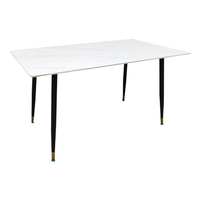 Masa Dining Pembe, Piatra Sintetizata/Marmura Alba, Picioare metal Negru, 140x80x75 cm