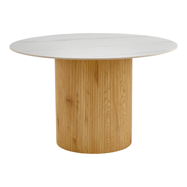 Masa dining Sikulu, Aspect travertin, Bej - Stejar, D125x77 cm