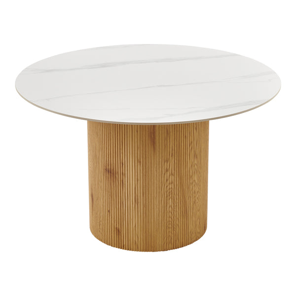 Masa dining Sikulu, Aspect travertin, Bej - Stejar, D125x77 cm