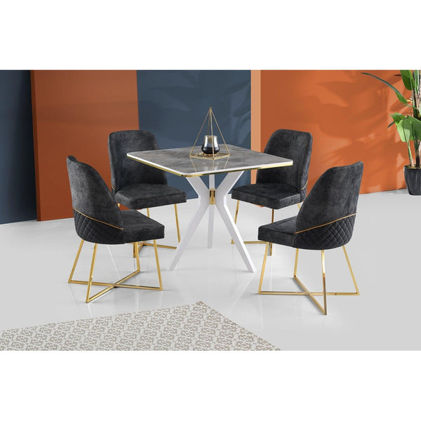 Masă Kare Ares Dining Table, Metalic, Auriu - Negru - Alb, 87x75x87 cm