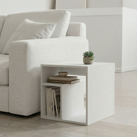 Masă laterală dublă cu funcție de depozitare, Stil Modern, Material: Lemn, Dimensiuni: , Culoare: Alb, 40x35x40 cm