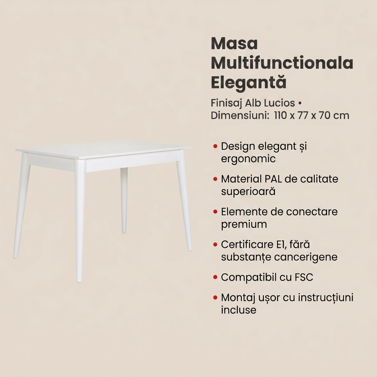 Masa Multifunctionala Adore, Alb Lucios, 110x77x70 cm