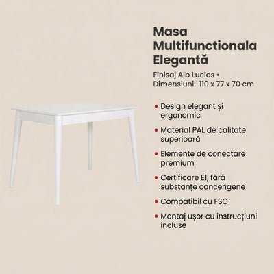Masa Multifunctionala Adore, Alb Lucios, 110 x 77 x 70 cm