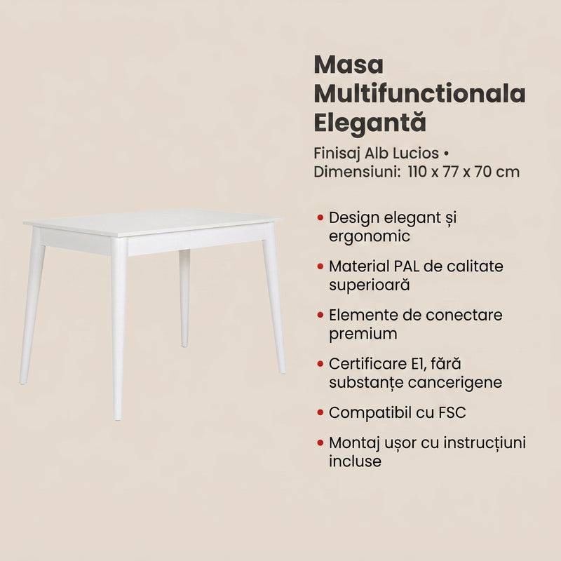 Masa Multifunctionala Adore, Alb Lucios, 110 x 77 x 70 cm