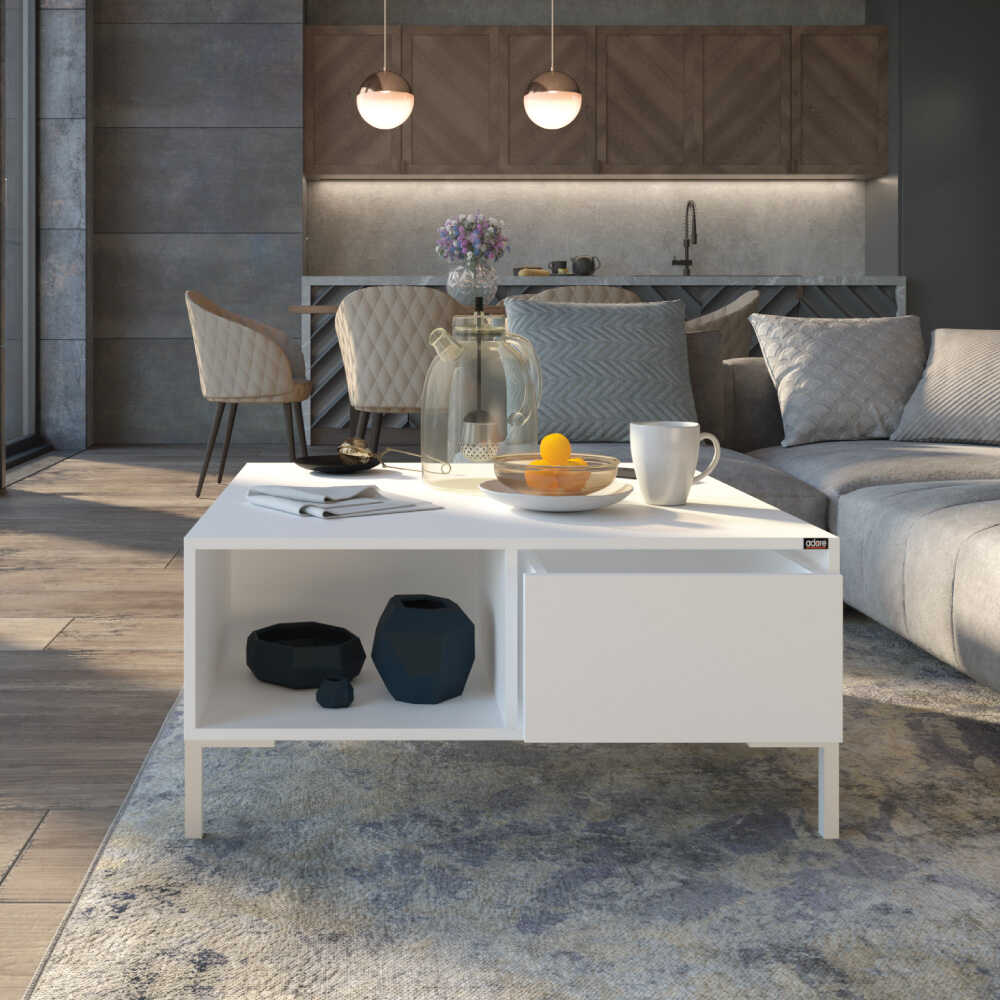 Masuta Cafea Adore cu sertar si picioare metalice, Alb, 90x42x90 cm