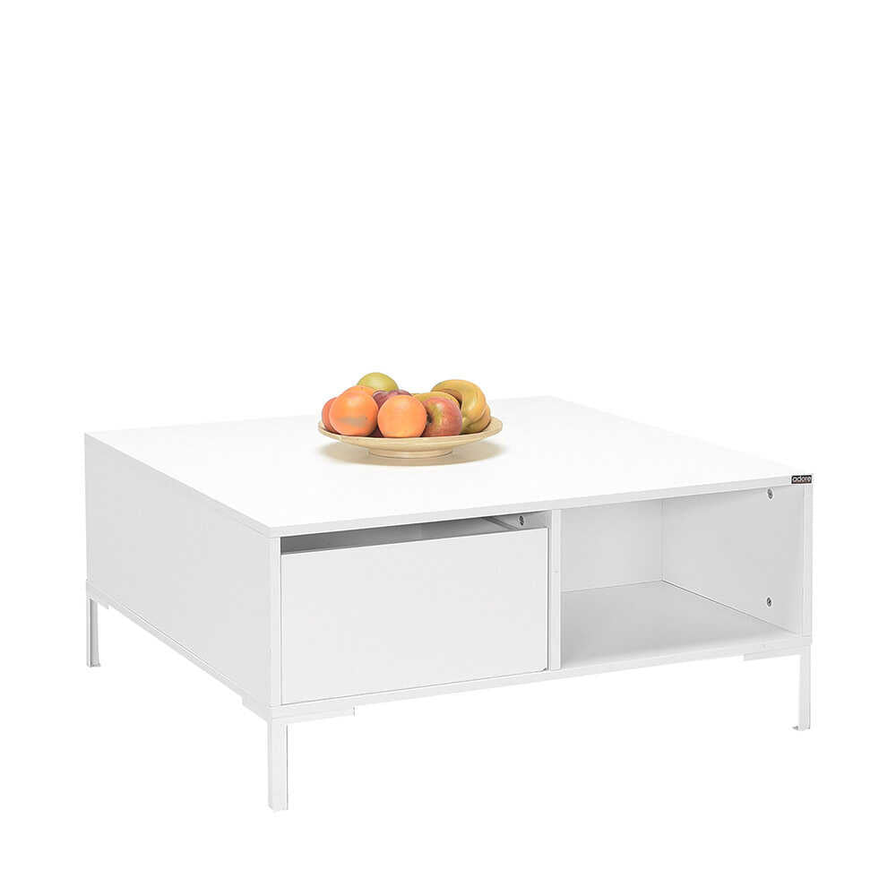 Masuta Cafea Adore cu sertar si picioare metalice, Alb, 90x42x90 cm