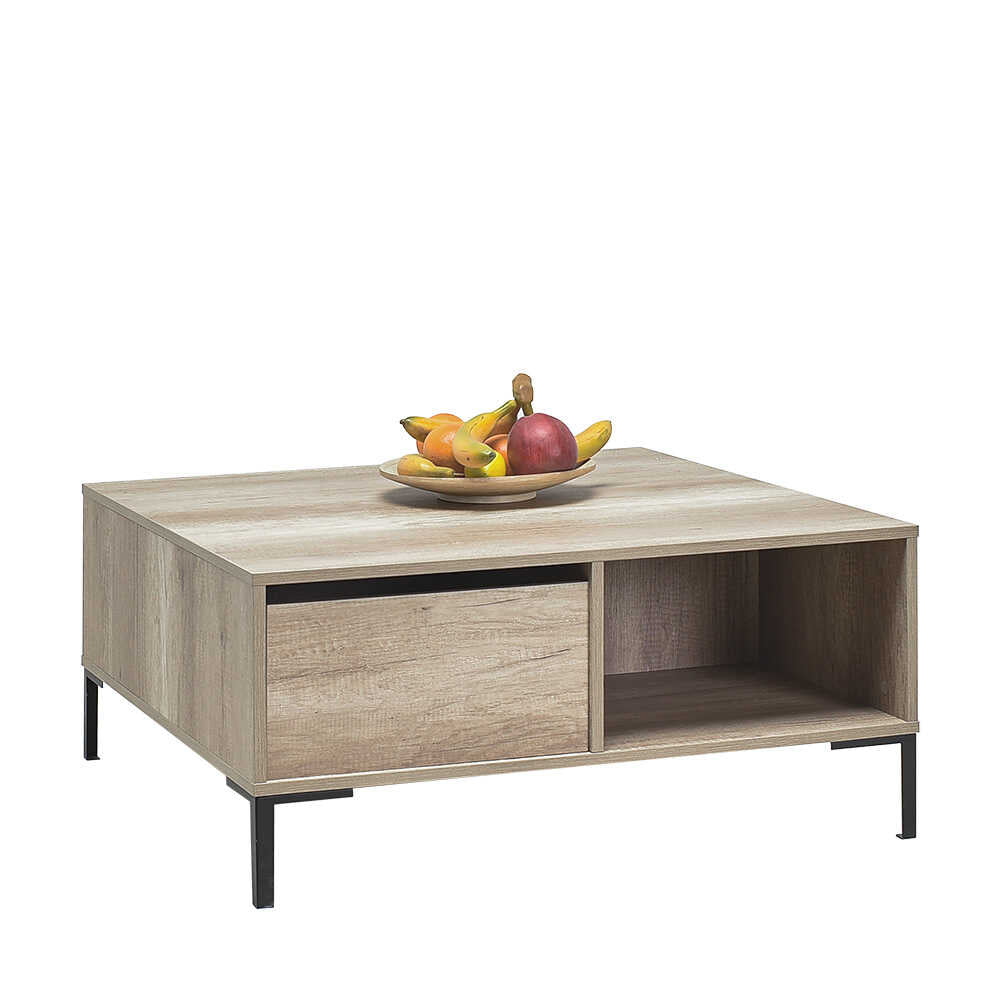 Masuta Cafea Adore cu sertar si picioare metalice, Alb - Maro - Natur, 90x42x90 cm - Natur