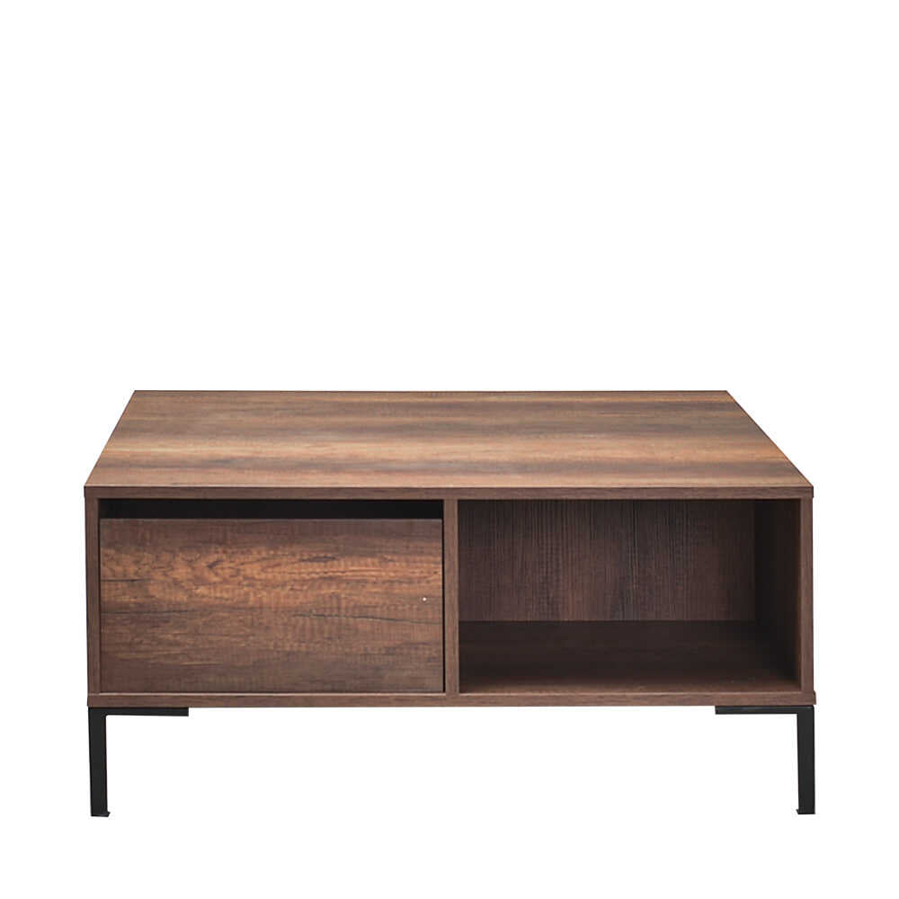 Masuta Cafea Adore cu sertar si picioare metalice, Alb - Maro - Natur, 90x42x90 cm - Maro