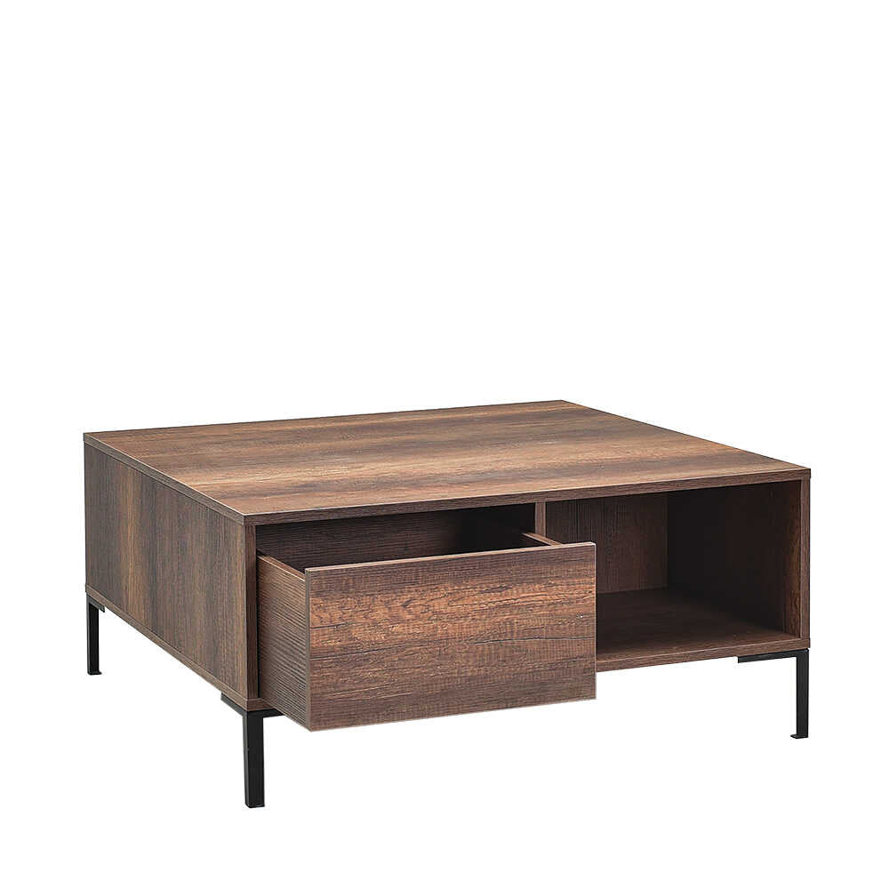 Masuta Cafea Adore cu sertar si picioare metalice, Alb - Maro - Natur, 90x42x90 cm - Maro