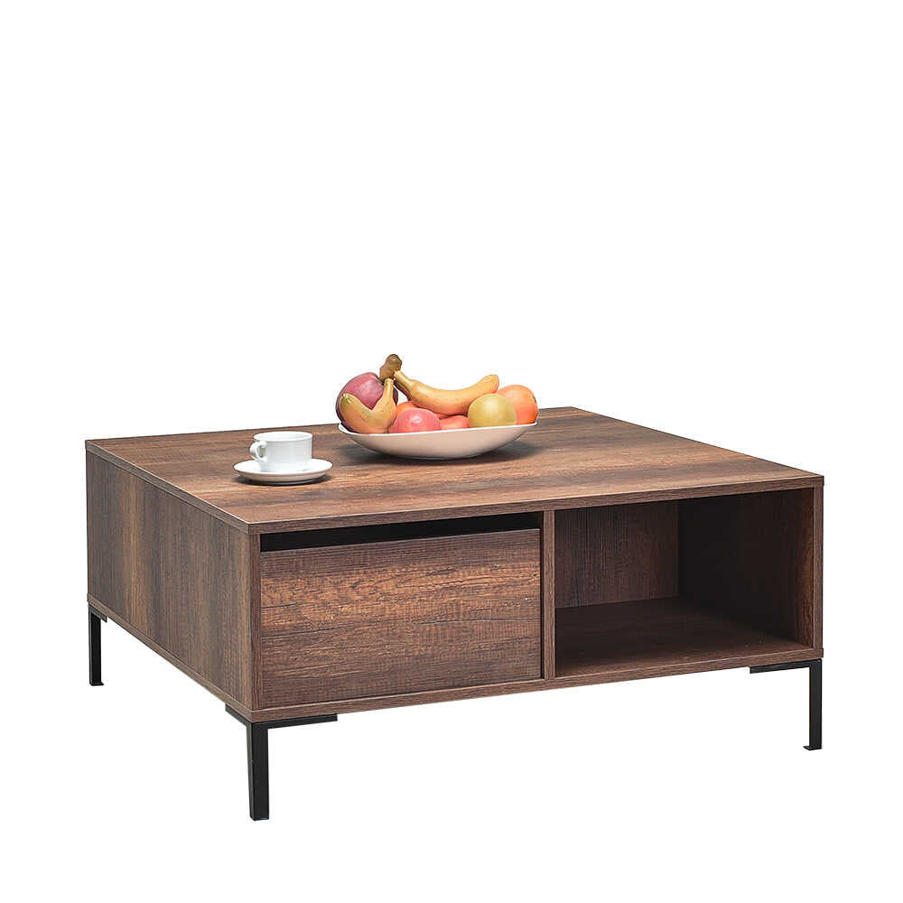 Masuta Cafea Adore cu sertar si picioare metalice, Alb - Maro - Natur, 90x42x90 cm - Maro