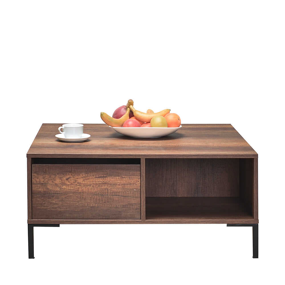 Masuta Cafea Adore cu sertar si picioare metalice, Alb - Maro - Natur, 90x42x90 cm - Maro